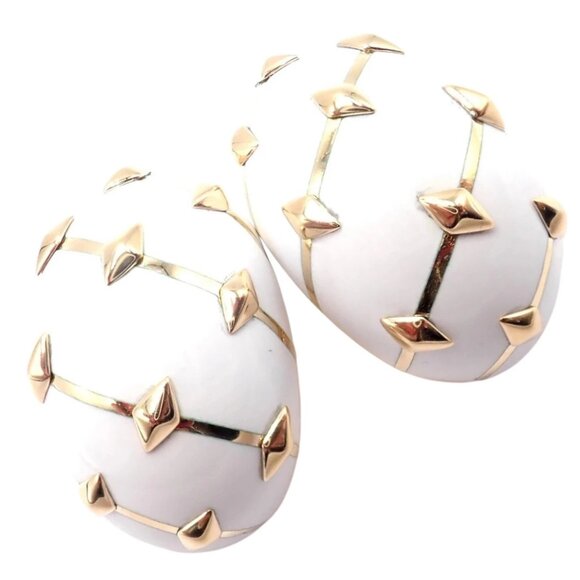 Tiffany & Co Schlumberger Dot Losange 18k Yellow Gold White Enamel Hoop Earrings - Picture 1 of 15